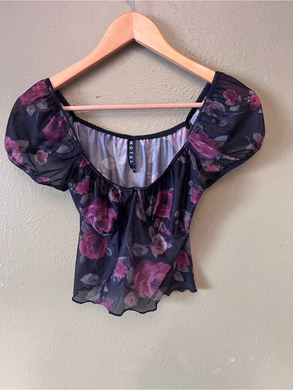 Motel Rocks Floral Puff Sleeve Whimsigoth Fairy Whimsy Mesh Top Black Plum S
